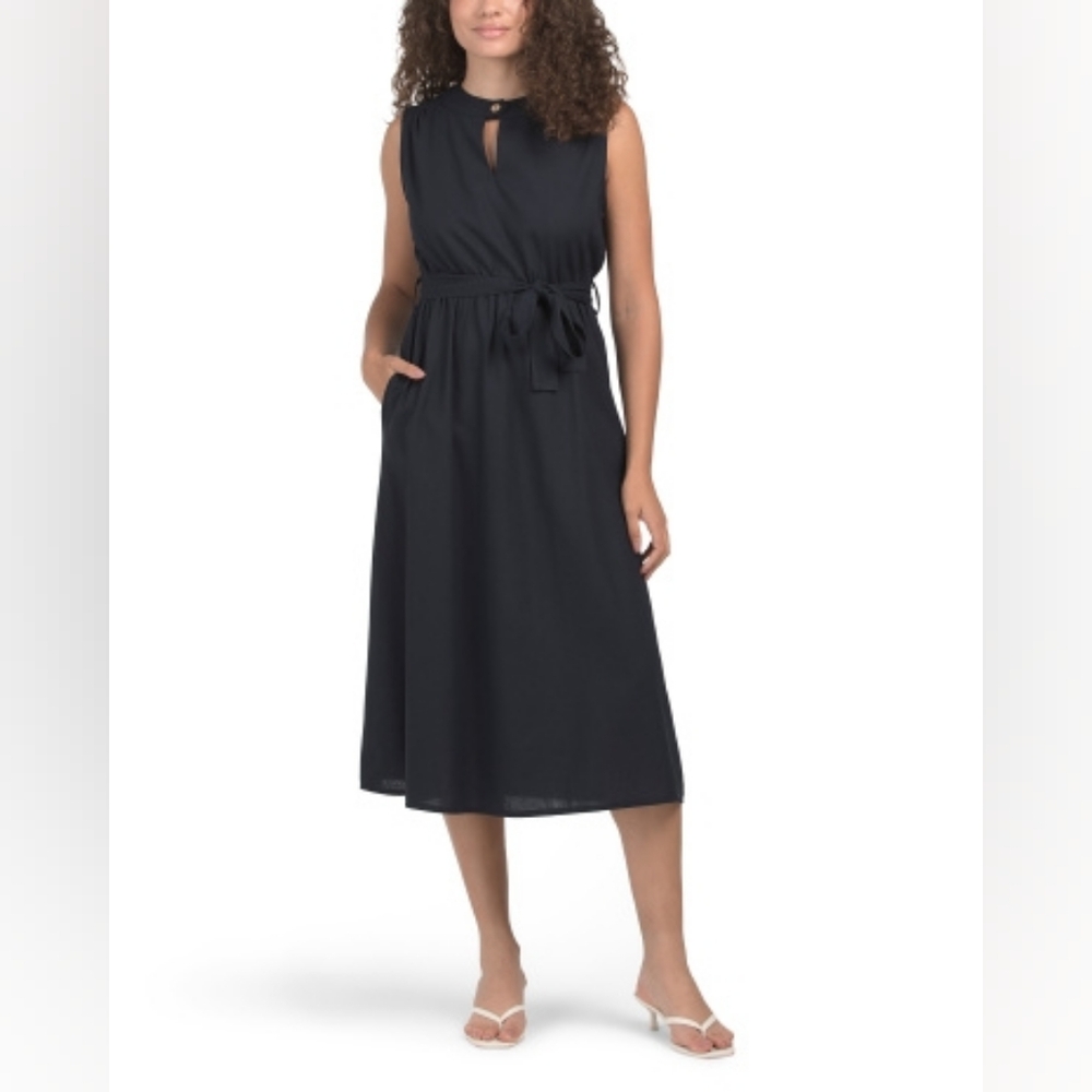 NWT - FUCSIA Italy Linen Blend Navy Keyhole Crew Neck Tie Waist Midi Dress-Sz XL